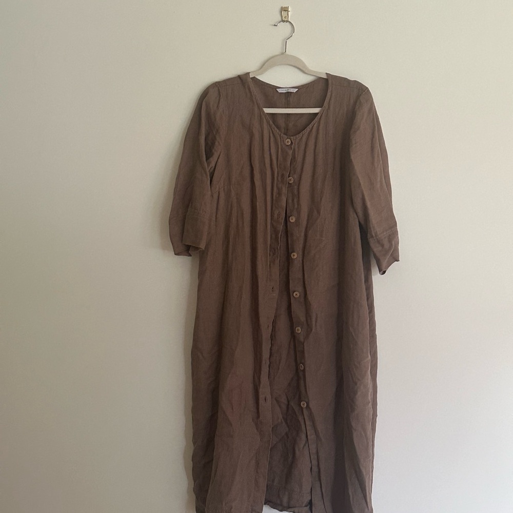 Linenfox Cacoa Button-Front Dress Long Linen dress 3/4 sleeves Large
